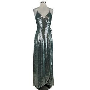 Aidan Mattox Sequined Wrap Evening Gown Size 8 Sparkly Green-Blue Formal Dress